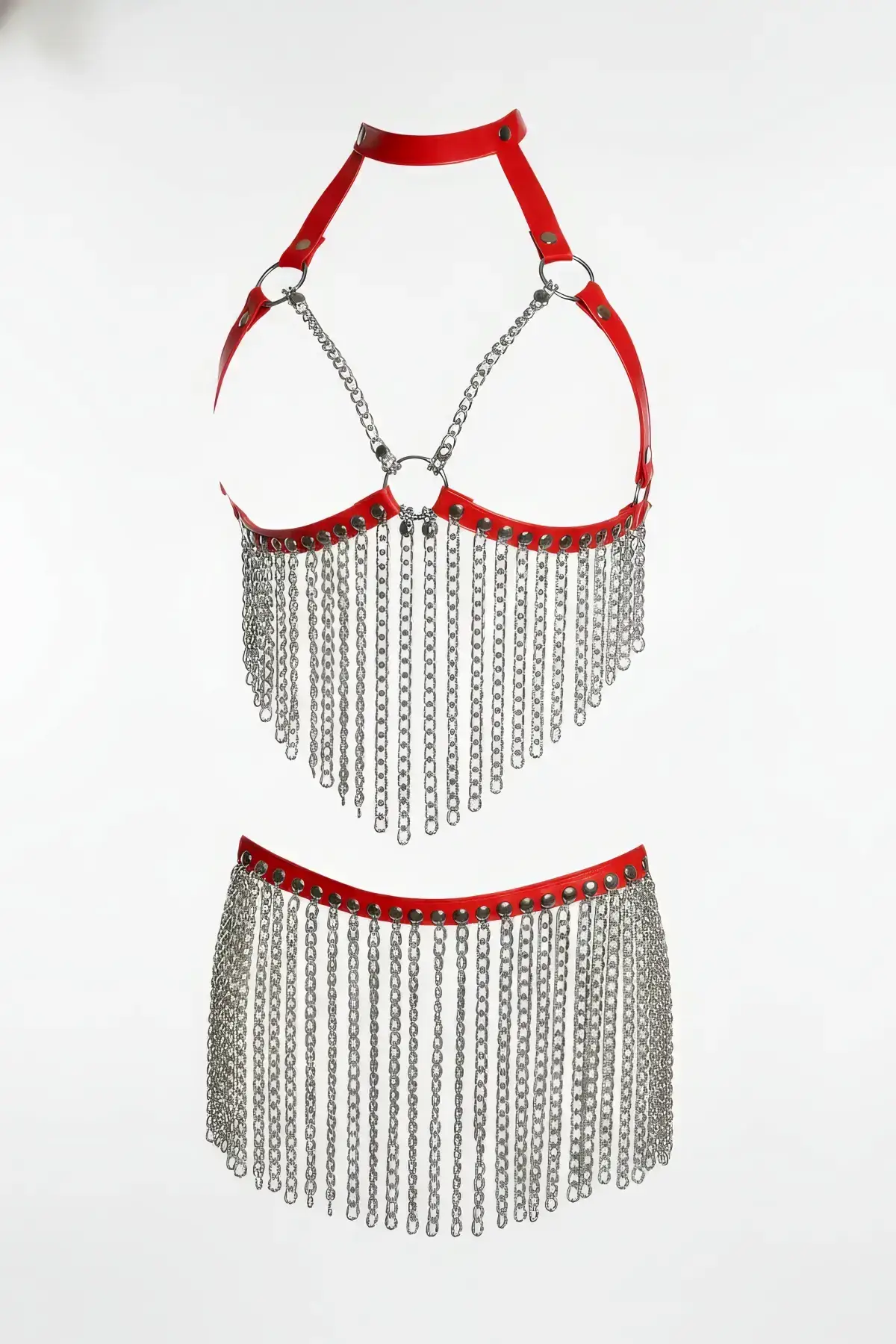 Red Skirt, Faux Leather Skirt, Chain Detail Skirt, Mini Skirt - SH504