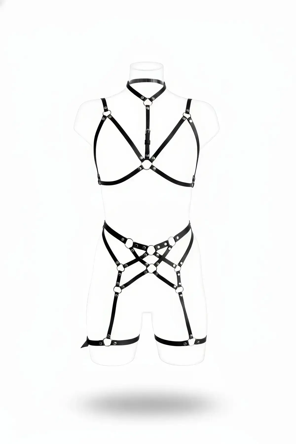 Black Garter Harness Leather Ring Bodysuit - SH507