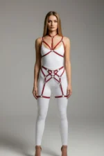 Red Garter Harness with Leather Ring Detail and Neck Strap - SH507 - Image 3