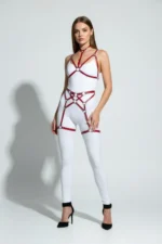 Red Garter Harness with Leather Ring Detail and Neck Strap - SH507 - Image 4