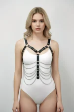 Black Women's Belt with Chain Detail, Faux Leather Body Decor - SH534 - Image 6