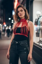 Red Women's Belt with Studded Leather O-Ring Detail - SH551 - Image 3