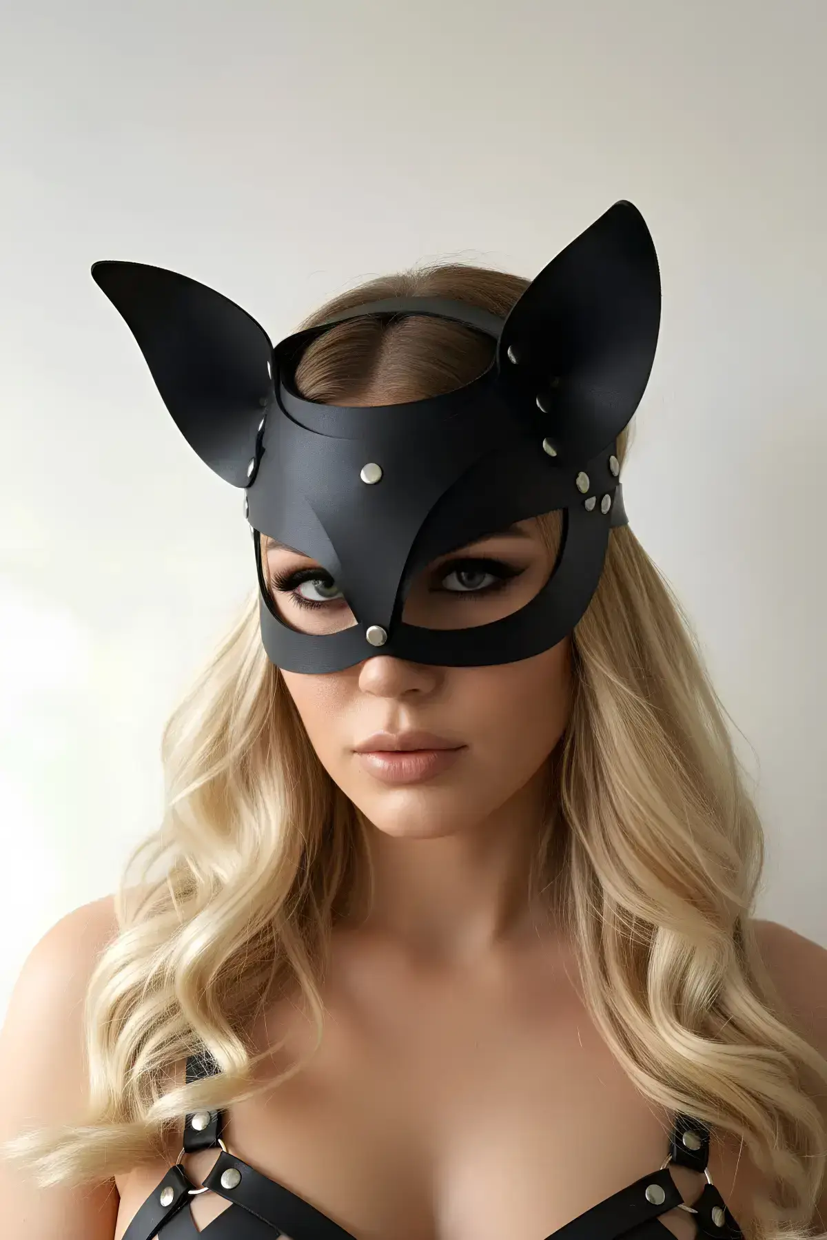 Black Leather Mask with Cat Ears Party Accessory - SH557