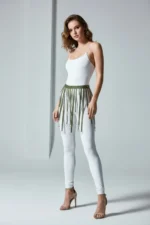 Khaki Skirt, Faux Leather Skirt, Ring Detail Skirt, Mini Skirt - SH579