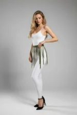 Khaki Skirt, Faux Leather Skirt, Ring Detail Skirt, Mini Skirt - SH579 - Image 3