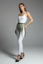 Khaki Skirt, Faux Leather Skirt, Ring Detail Skirt, Mini Skirt - SH579 - Image 4