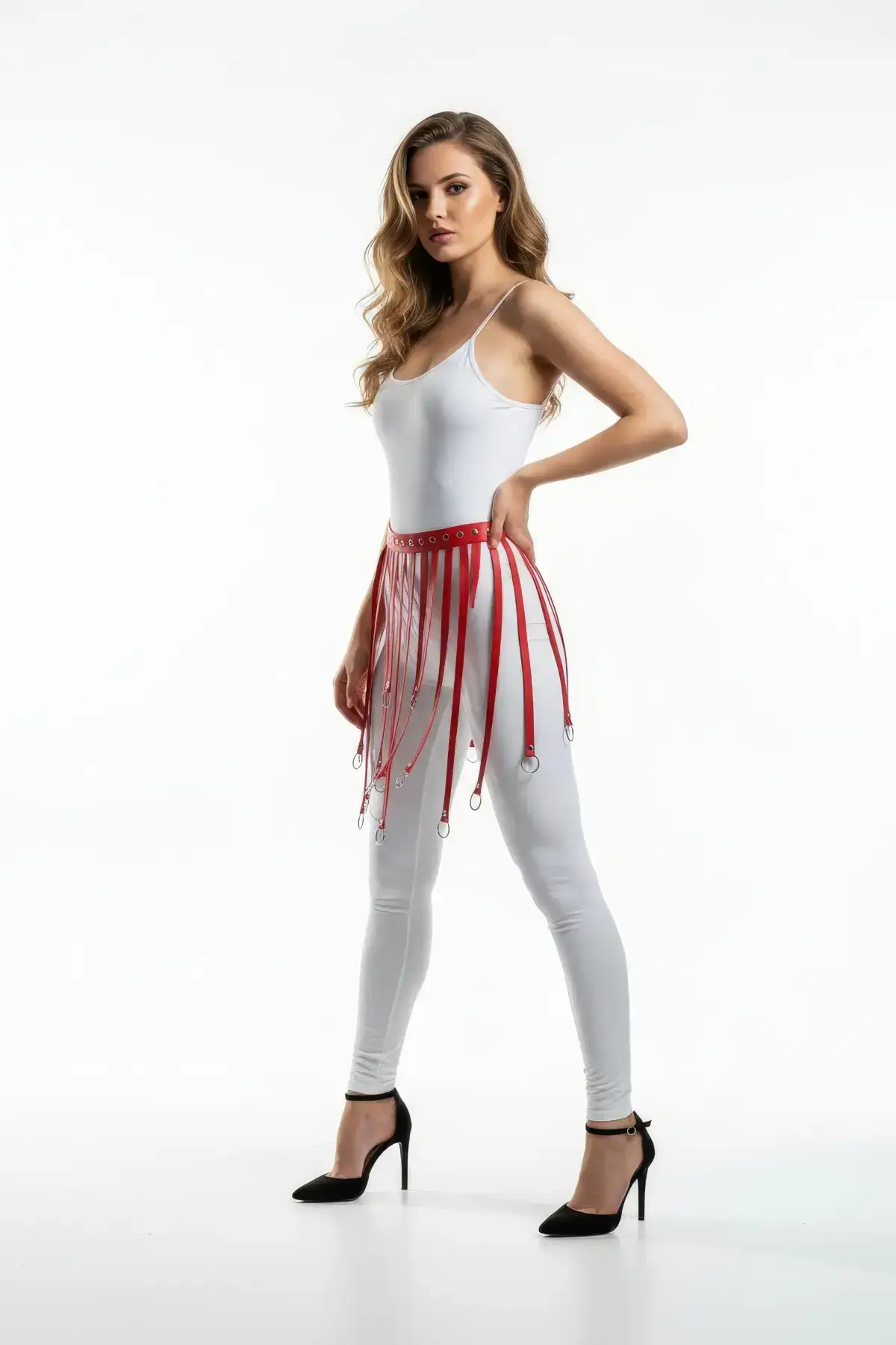 Red Skirt with Leather Ring Detail, Mini Skirt Accessory - SH579