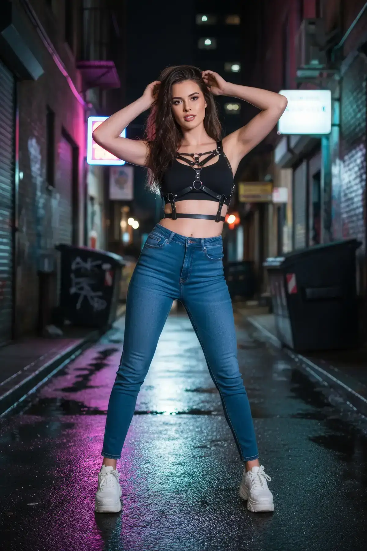 Black Women's Belt, Multiple Straps, Metal Ring Body Accessory - SH580