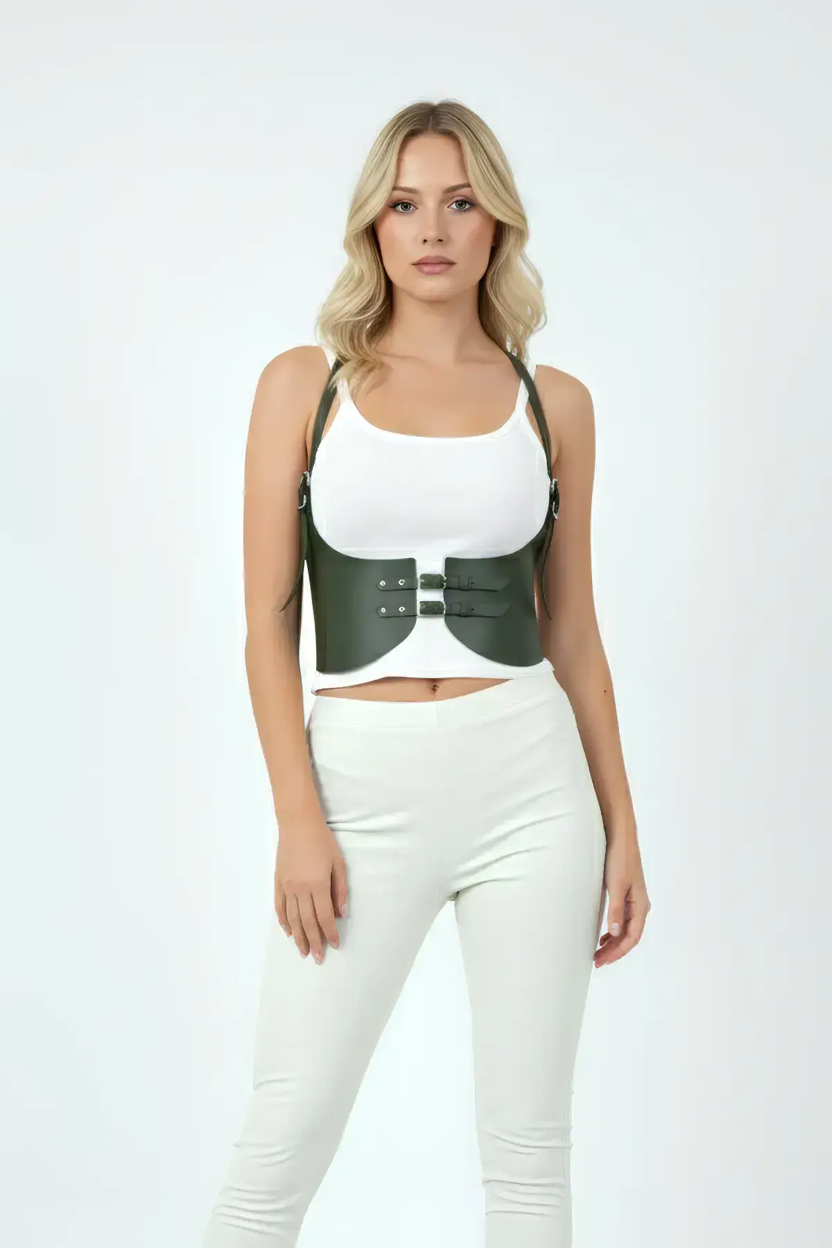 Khaki Women's Wide Faux Leather Corset Belt - SH605