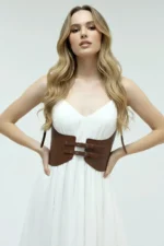 Brown Women's Leather Corset Belt with Wide Buckle - SH605 - Image 2