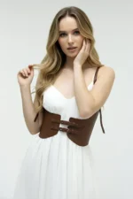 Brown Women's Leather Corset Belt with Wide Buckle - SH605 - Image 3