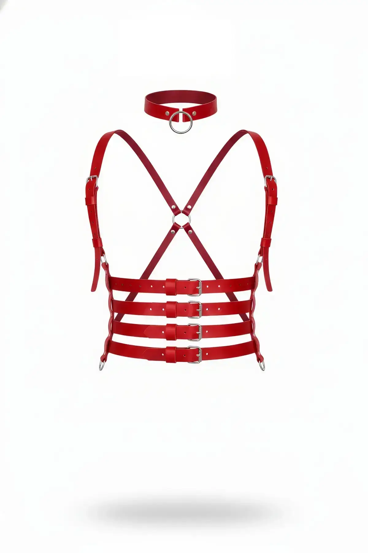 Red Women's Belt with Cross Detail and Multi-Buckle Harness - SH609