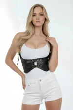Black Women's Belt, Wide Corset Style, Metal Buckle - SH612 - Image 2