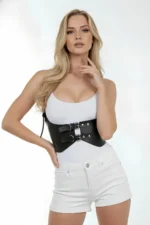 Black Women's Belt, Wide Corset Style, Metal Buckle - SH612 - Image 4