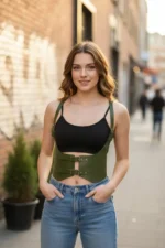 Khaki Women's Belted Corset-Style Faux Leather with Shoulder Detail - SH612 - Image 3