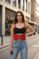 Red Women's Belt with Wide Corset Detail and Double Buckle - SH612