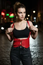 Red Women's Belt with Wide Corset Detail and Double Buckle - SH612 - Image 2