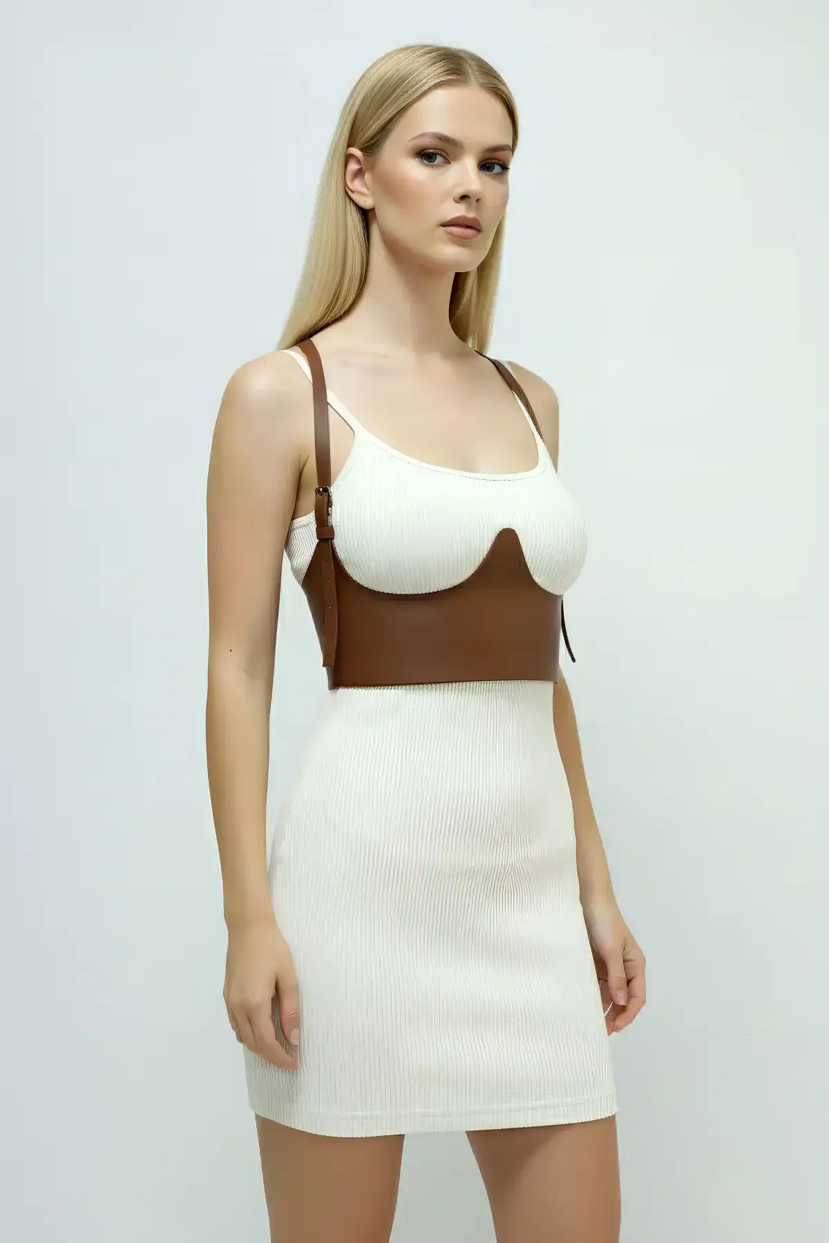 Women's Belted Corset-Style Faux Leather with Shoulder Detail - SH614