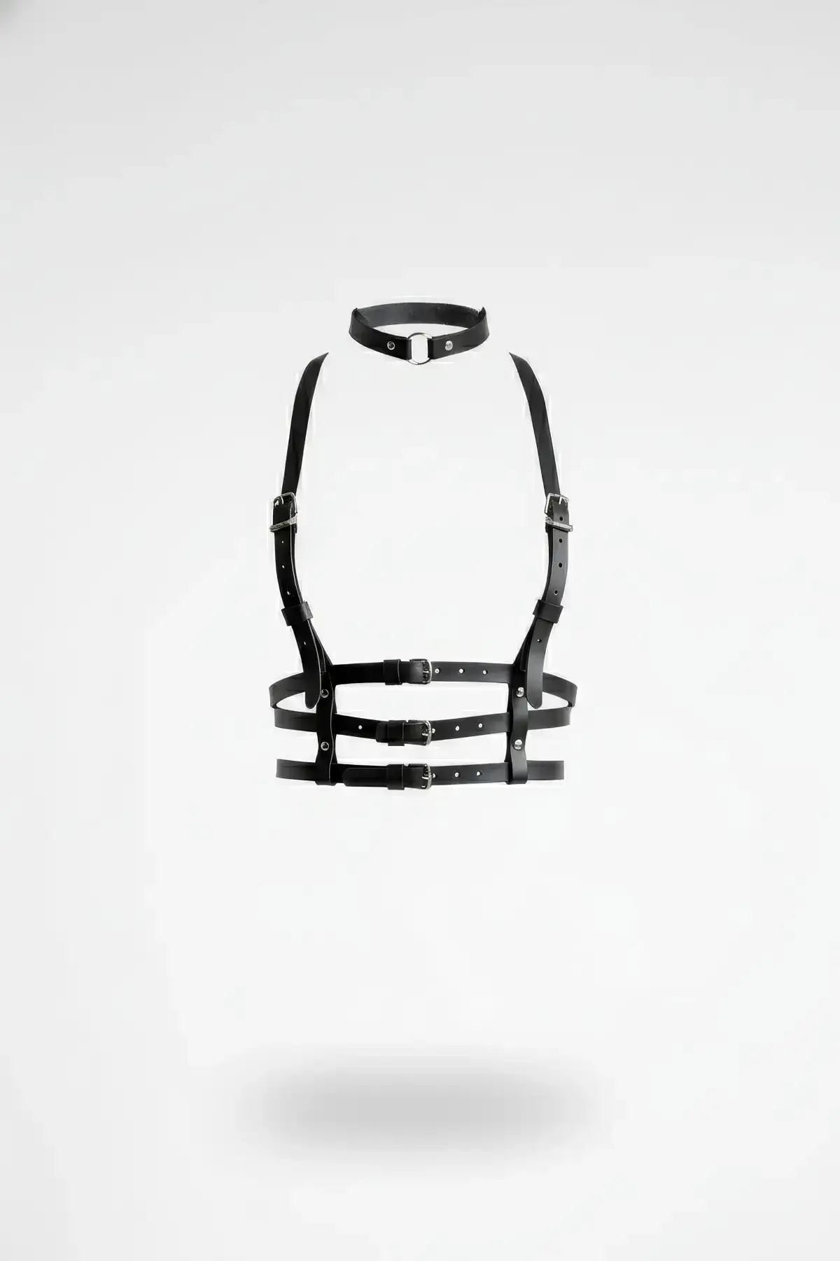 Black Women's Leather Body Harness with Buckle and Neck Detail - SH615