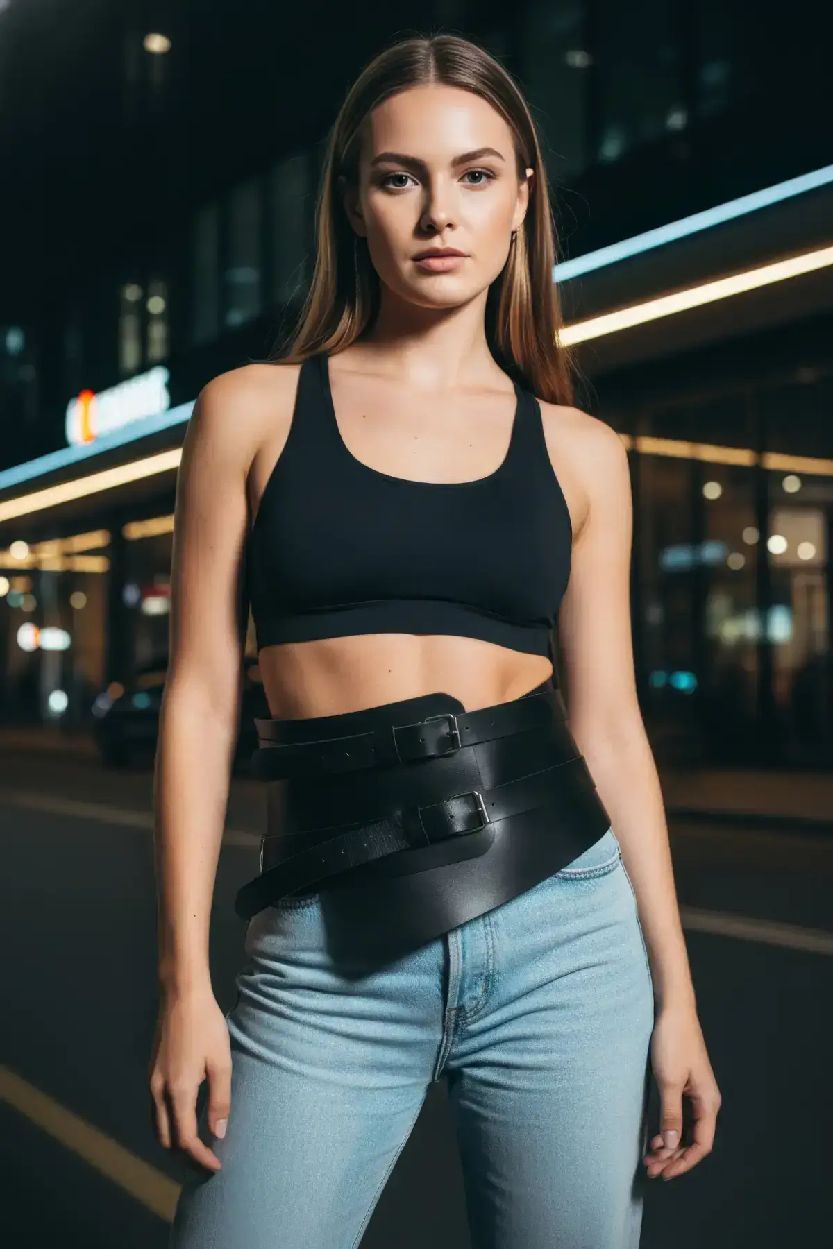 Black Women's Belt Corset Style Thick Double Buckle Leather - SH617