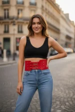 Red Women's Belt, Thick Corset Style, Three Buckles - SH618