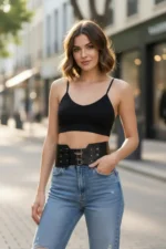 Black Women's Belt Wide Three Buckle Studded Waist Accessory - SH618