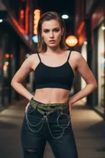 Khaki Women's Belt Accessory with Eyelets and Chain Detail - SH621 - Image 3