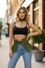 Khaki Women's Leather Belt with Corset-Style Shoulder Detail - SH622