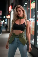 Khaki Women's Leather Belt with Corset-Style Shoulder Detail - SH622 - Image 2