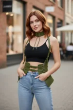 Khaki Women's Leather Belt with Corset-Style Shoulder Detail - SH622 - Image 3