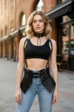 Black Women's Faux Leather Corset Vest with Belt Shoulder Detail - SH622