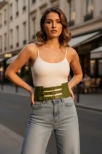 Khaki Women's Belt, Three Buckle Wide Corset Belt - SH624 - Image 2