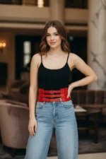 Red Women's Belt, Thick Three-Buckle Waist Accessory - SH624 - Image 5