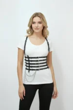 Black Women's Belt with Chain Detail, Multi-Band Corset Waist Accessory - SH626 - Image 5