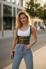 Khaki Women's Belt with Multiple Buckle Corset Detail - SH630