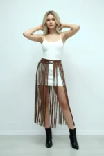 Brown Skirt, Long, Tasseled, Stud Detail, Buckle Closure - SH637 - Image 5