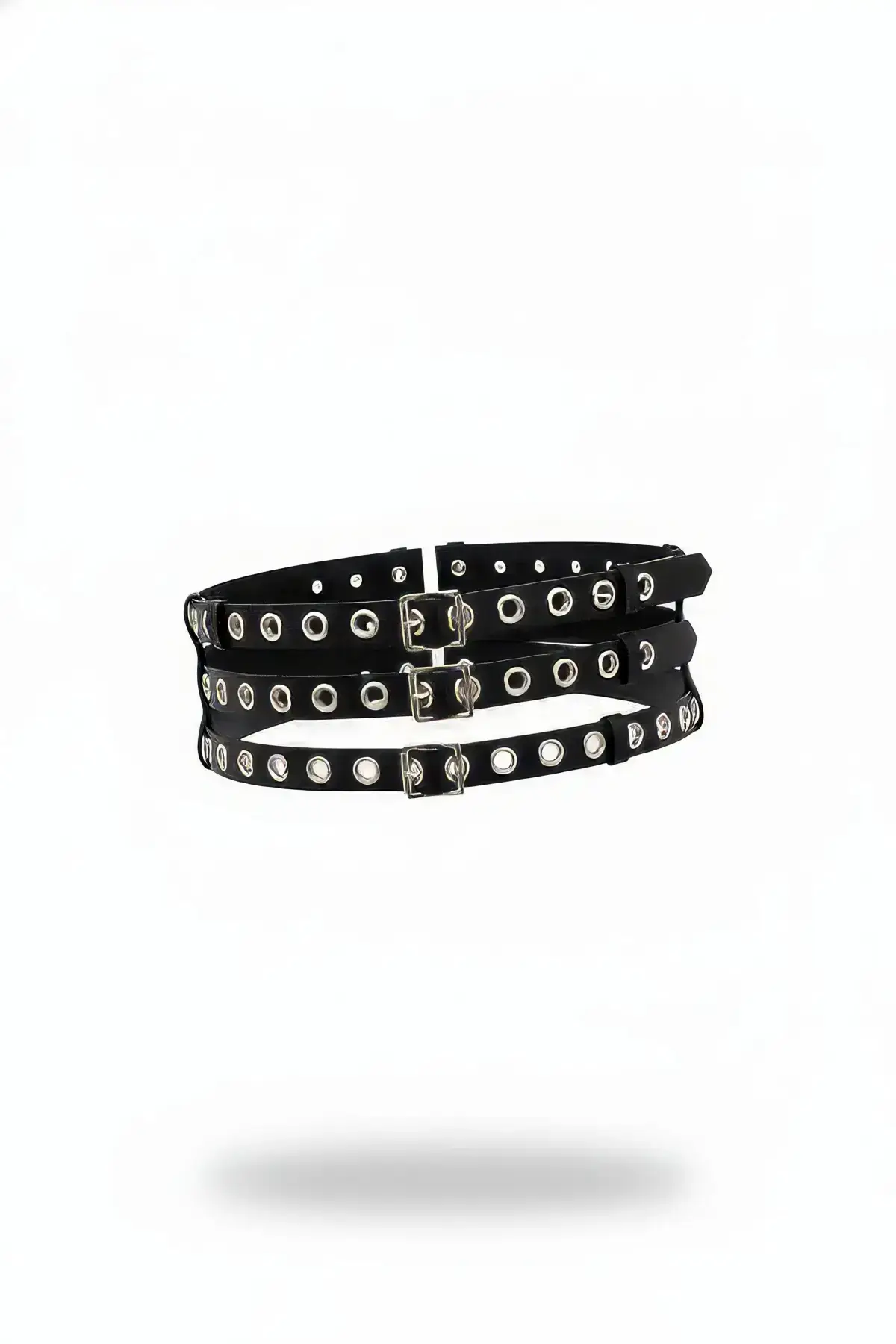 Black Women's Belt with Three Rows of Holes and Wide Waist Buckle - SH641