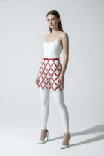 Red Skirt, Leather, Diamond Pattern, Ring Detail Mini Skirt - SH696