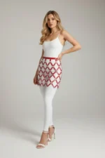 Red Skirt, Leather, Diamond Pattern, Ring Detail Mini Skirt - SH696 - Image 2
