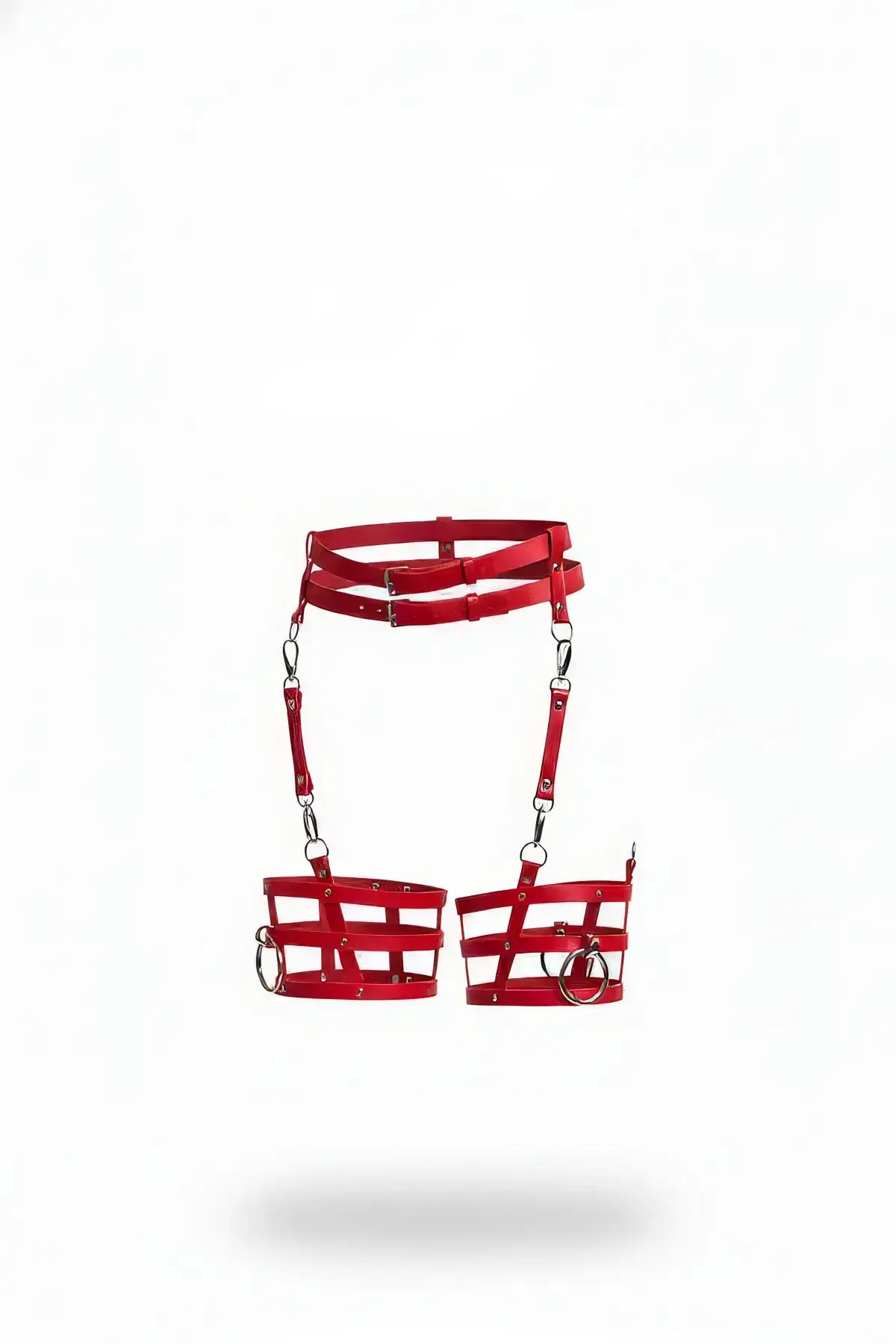 Red Garter Harness with Leather Buckle and Cage Detail - SH705