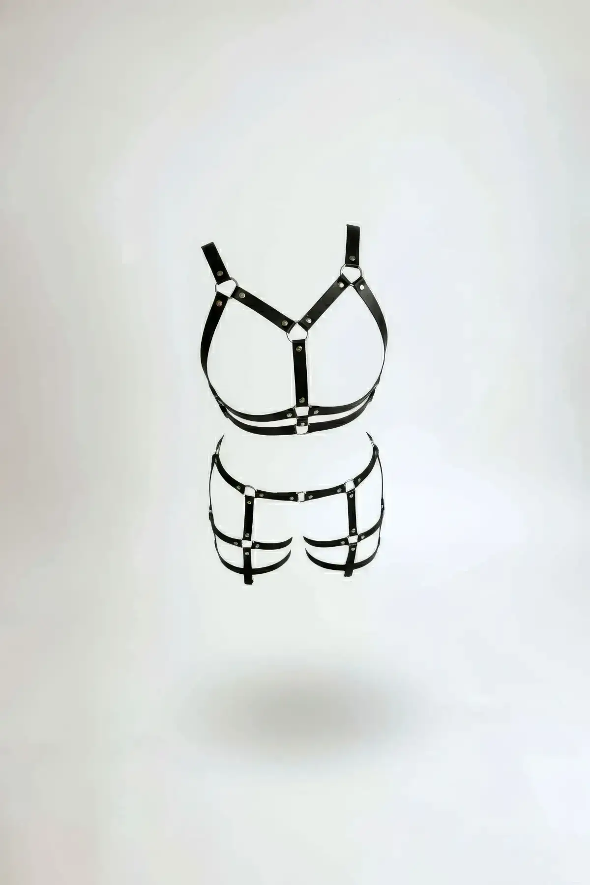 Black Leather Harness Set with O-Ring Detail - SH719