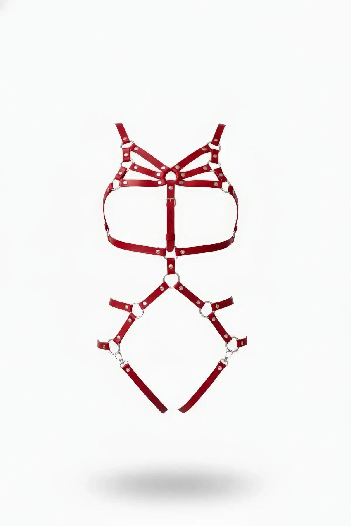Red Leather Body Harness with Multiple Straps and Metal Buckle - SH724