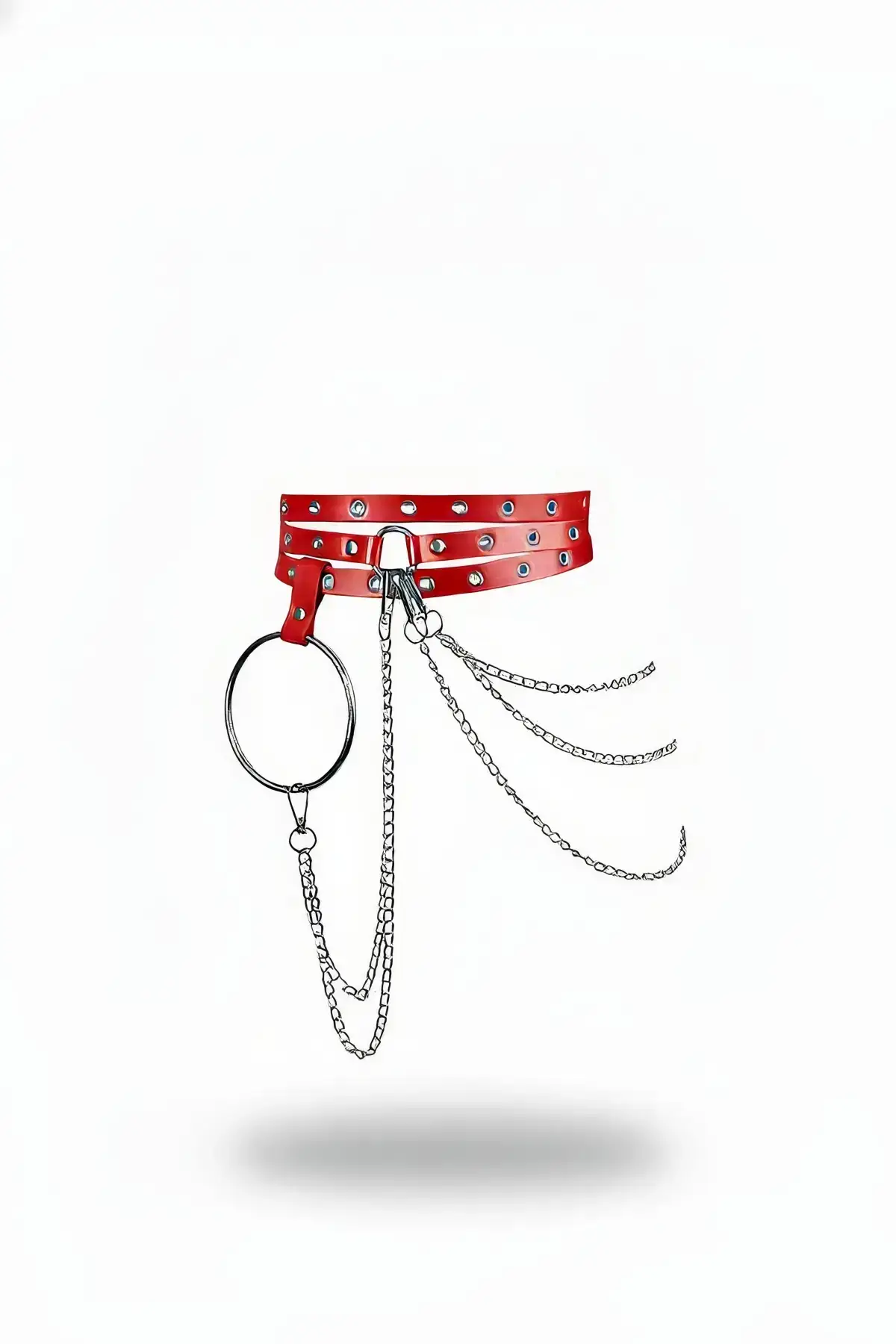Red Women's Belt with Chain Detail and Multi-Row Perforated Design - SH731