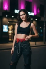 Red Women's Belt with Chain Detail and Metal Eyelets - SH731 - Image 3