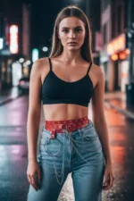 Red Women's Belt with Chain Detail and Metal Eyelets - SH731 - Image 4