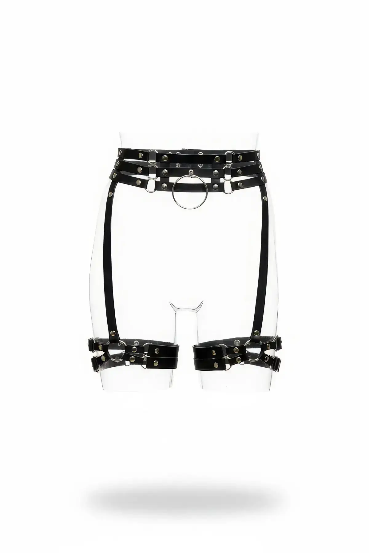 Black Garter Harness with Leather Look and Studded Ring Details - SH746