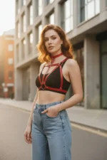 Red Women's Leather Cross Strap Chest Accessory - SH747