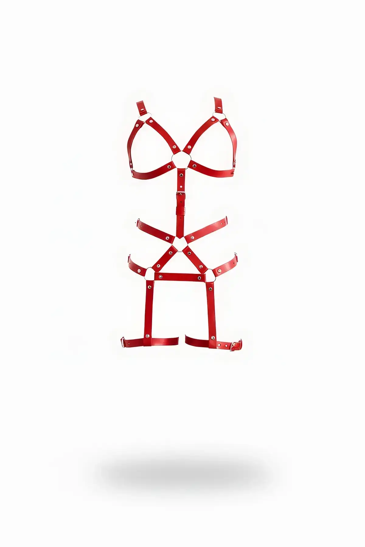 Red Garter Harness, Full Size, Leather, with Metal Ring Details - SH750