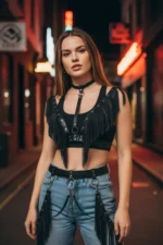 Black Women's Belt with Fringe Detail and Chain Waist Accessory - SH768 - Image 3