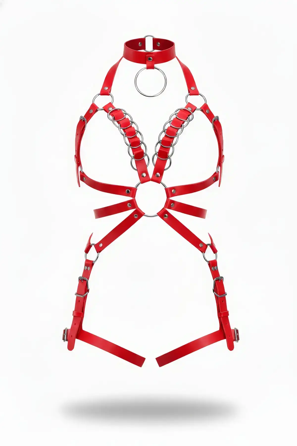 Red Harness Set Leather with Metal Ring Detail and Neck Strap - SH781